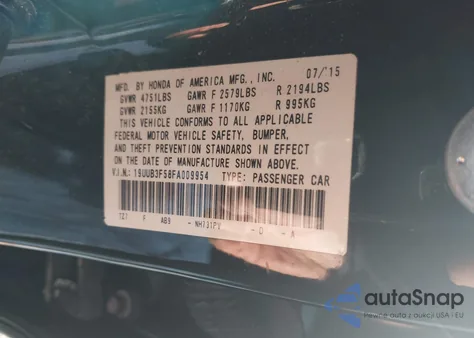 2015 Acura Tlx V6 Tech z USA, uszkodzony, nr VIN 19UUB3F58FA009954